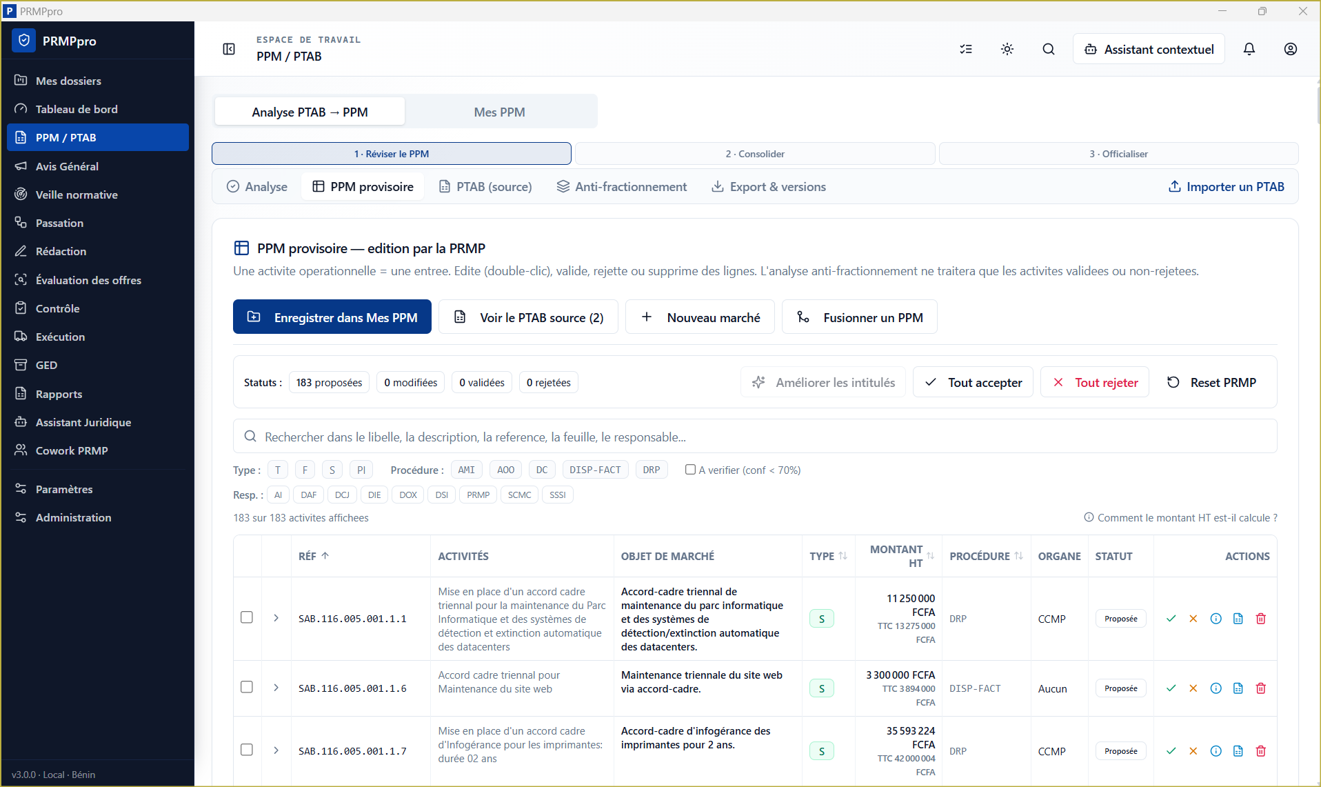 Interface PRMPpro d’analyse PTAB vers PPM et de gestion du PPM provisoire