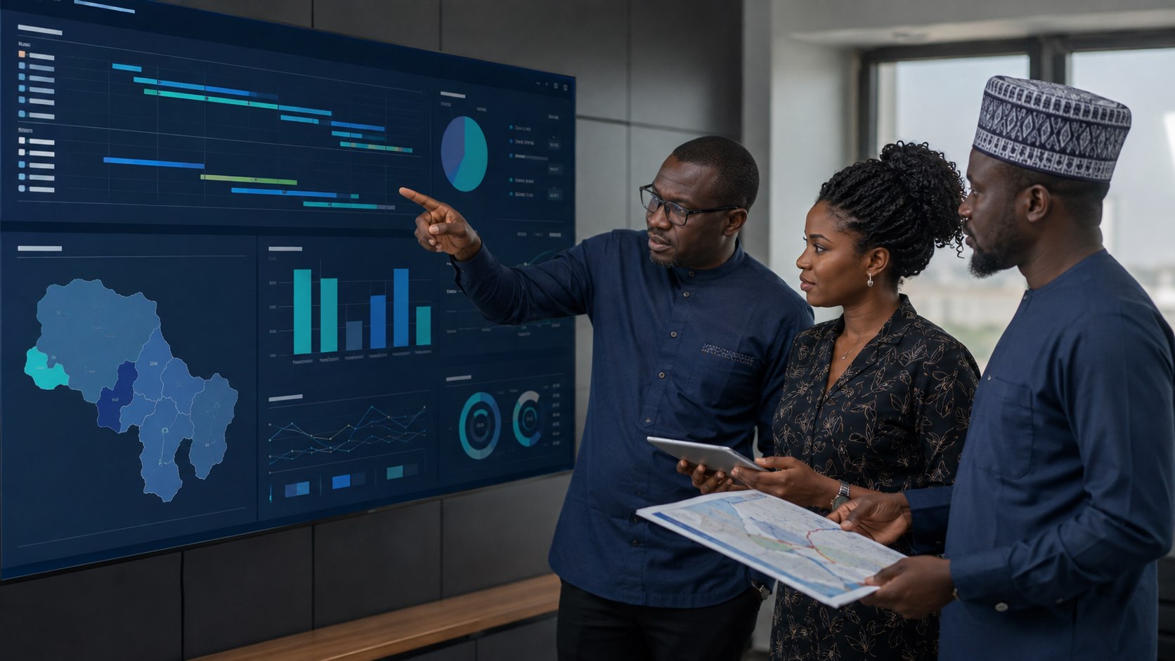 Équipe africaine analysant sur un grand écran le suivi de plusieurs projets et programmes